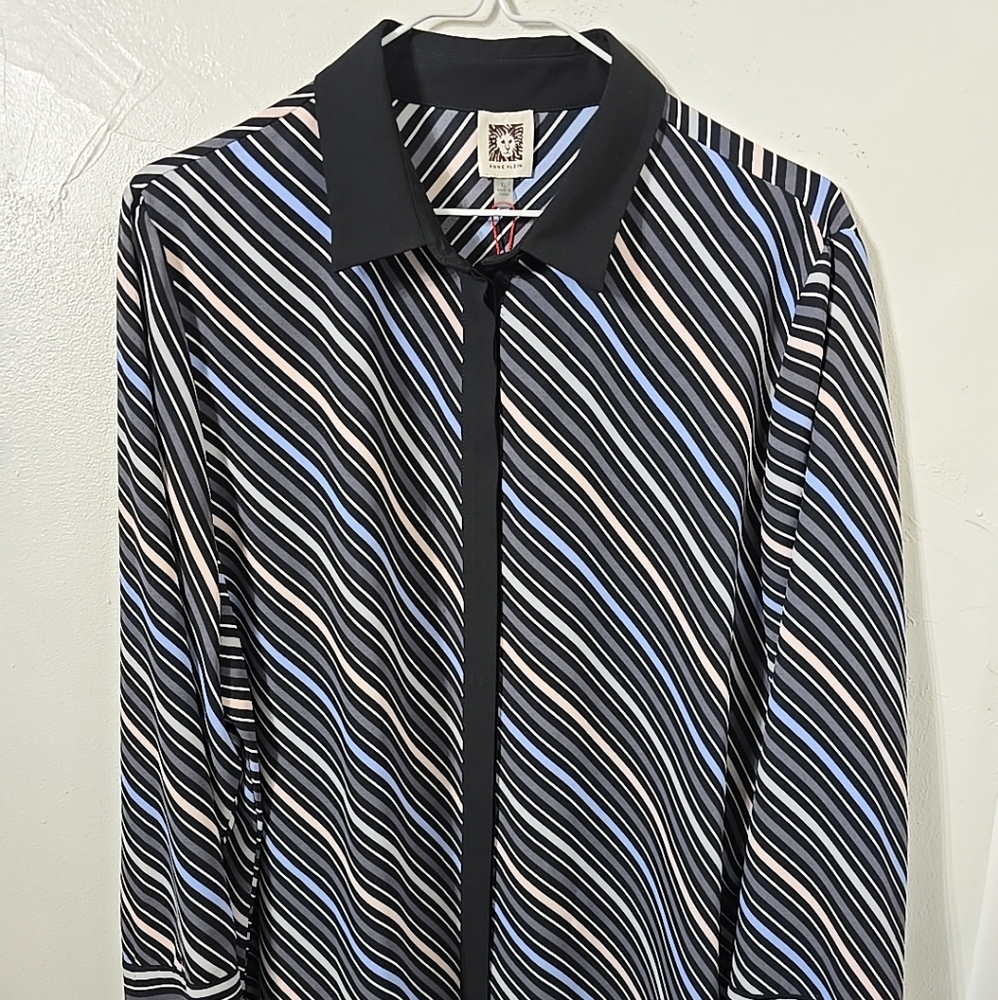 Anne Klein Black Forest Devonshire Stripe Long Sleeve Blouse size XL NWT